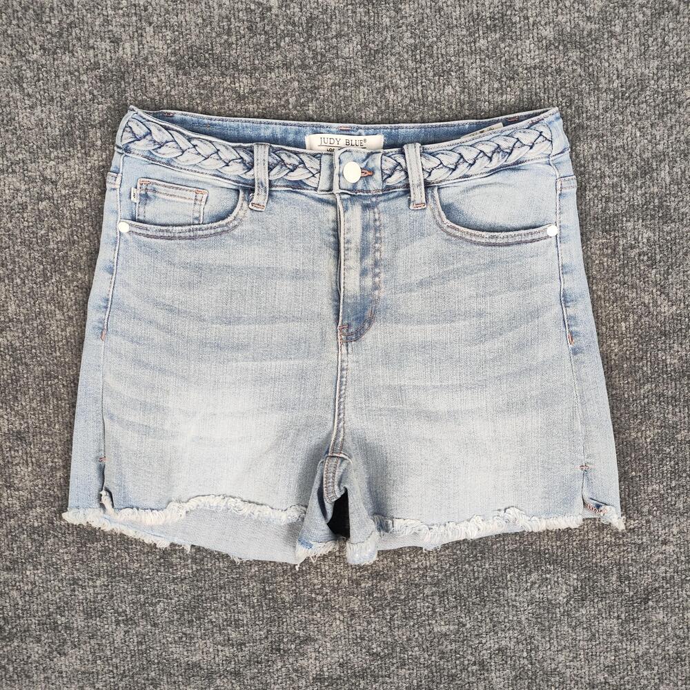 Judy Blue Denim Shorts Womens Medium Light Wash Braided Waist Raw Hem Cutoff